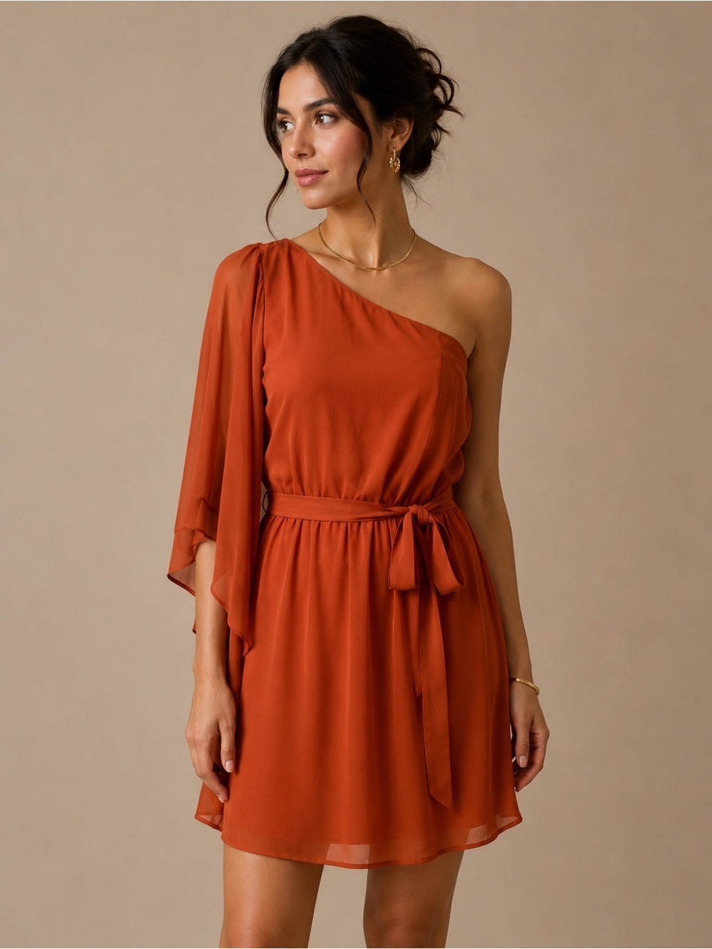 AUW One shoulder dress, Rust color, elastic back, hip sash size L, Knee length